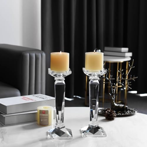 2-Pack Crystal Candlestick Holders, Clear Crystal Taper/Pillar Candles Holders,Table Centerpiece Home Decorative Candle Holders for Wedding, Dining, Party(10.6in Tall)