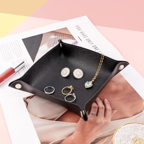 SANQIANWAN PU Leather Arc Edge Jewelry Valet Tray for Man and Women, Portable Mini Entryway Table Tray Bedside Nightstand Desk Tray Small Travel Dish Plate for Key,Wallet,Watch,Coin (Black) - color: Black