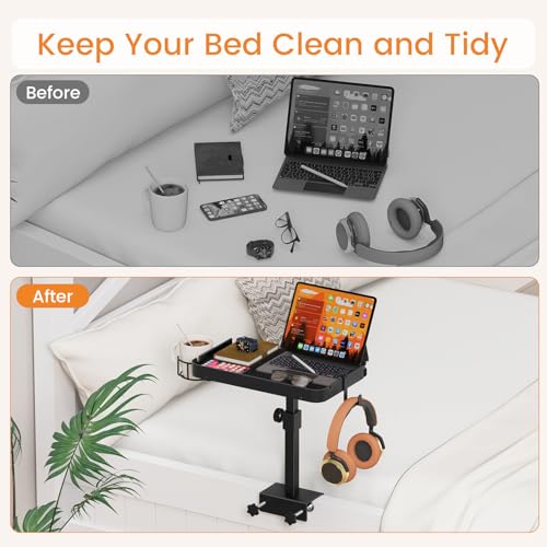 Snughome Clamp On Bedside Shelf for Bunk Bed - Adjustable Height Bedside Table Tray with Cup Holder & Cable Holes, Sturdy Nightstand Organizer Top Bunk Bed Accessories for College Dorm Apartment