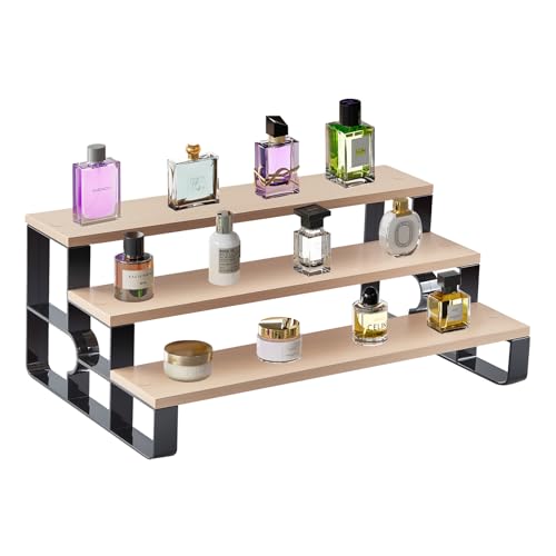 Modern 3-Tier Cologne and Perfume Display Shelf, Gray Wood with Black Frame, Countertop Organizer Stand for Fragrance Storage (Brown, 3 Tiers-Width=14") - color: Brown, size: 3 Tiers-width=14"