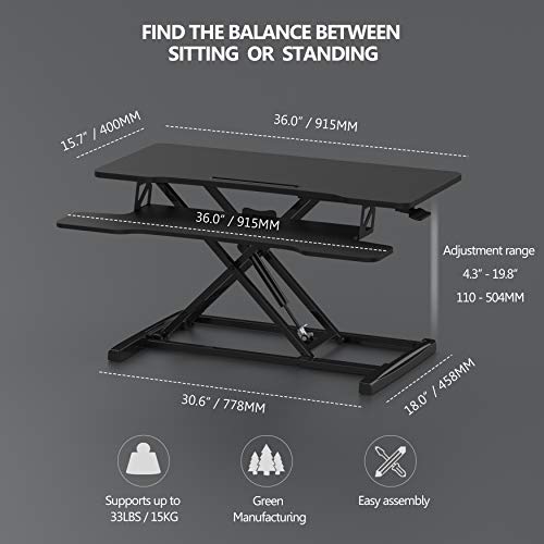 FITUEYES Height Adjustable Standing Desk 36” Wide Sit to Stand Converter Stand Up Desk Tabletop Workstation for Laptops Dual Monitor Riser Black SD309101WB - color: Black