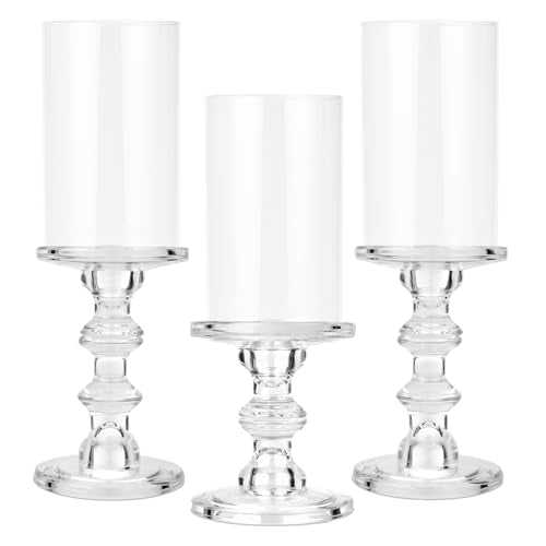 CHILL RECIPE Hurricane Candle Holder Glass Pillar Candle Holder Set of 3, Tall Big Wide Taper Candlestick Candle Holder with Chimney for Christmas Decoration Wedding Table Dinning Church Centerpiece - color: Clear-hurricane
