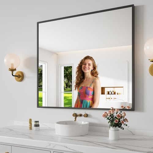 Bathroom Mirror 36x40 Black Bathroom Wall-Mounted Mirrors, Modern Vanity Mirror for Bedroom, Living Room, Aluminum Alloy Frame Allow to Hang Horizontally or Vertically - color: Square Edged, size: 40"L x 36"W