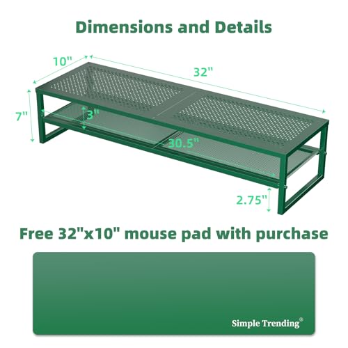 Simple Trending 2 Tier Metal Dual Monitor Stand Riser, Computer Office Desktop Organizer for 2 Monitors with 32"x10" Mouse Pad for Laptop, Printer, TV, Green - color: Green, size: 32"L x 10"W x 7"H
