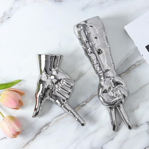 Rayberro Ceramic Hand Gesture Sculpture Creative Hand Statue Home Decor Hand Gesture Figurine Decors for Living Room Bedroom Office Bookshelf Coffee Tabletop Ornaments Decorations Gift (Silver) - color: Silver