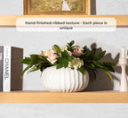 Pots & Patterns 11" Large White Ceramic Flower Vase - Modern Ribbed Low Profile Centerpiece for Dining Table & Home Decor