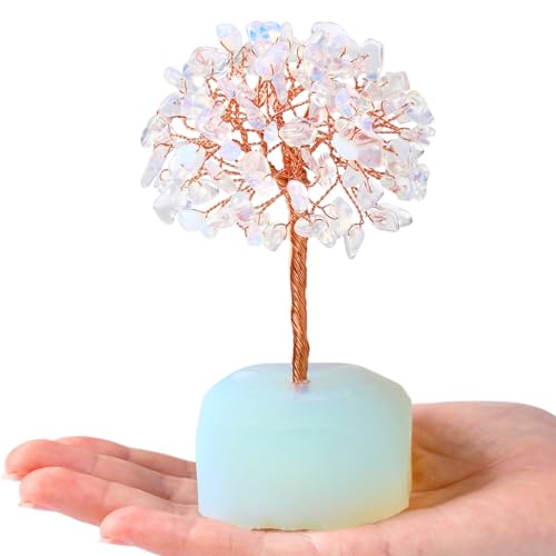 QINJIEJIE Opal Healing Crystals Tree of Life Decor - Natural Crystal Stone Reiki Gemstone White Opalite Base Copper Wire Home Office Decorations Spiritual Feng Shui Gift - color: Opal, size: 5.2 in