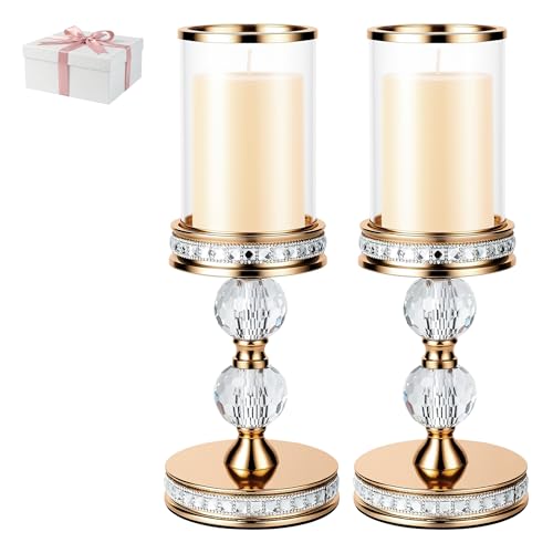 12.4" Tall Hurricane Candle Holder, Pillar Candle Holders with Glass Sleeve with Gift Box, Crystal Candle Stands for Home Warming, Weddiing, Dining Room Decor, Table Centerpiece (2, Gold, M) - color: Gold, size: Medium