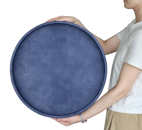 HofferRuffer Round Serving Tray 20'', Elegant Faux Leather Circle Ottoman Table Tray, Serve Tea Coffee Breakfast in Bedroom Living Room Kitchen (Blue, 20") - color: Blue, size: 20"