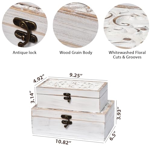 DECOR4SEASON White Wooden Storage Box Set of 2 - Distressed White-Washed Decorative Boxes with Hinged Lids - Hand Carved Solid Pine Organizer for Jewelry, Keepsakes, and Shabby Chic Home Décor - color: White, size: S&M