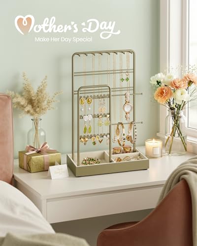 SONGMICS Necklace Holder, Jewelry Stand Holder Organizer, Jewelry Display with Metal Frame, Velvet Tray, Earring Bracelet Holder, for Gift Idea, 4.5 x 7.7 x 12.1 inch, Laurel Green UJJS021C02 - color: Laurel Green, size: 4.5"D x 7.7"W x 12.1"H