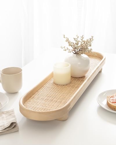 Kate and Laurel Planche Decorative Capsule Woven Tray with Solid Wood Frame; 27 x 8; Natural Brown; Modern Slim Wood Rectangle Serving Tray for Living Room - color: Natural