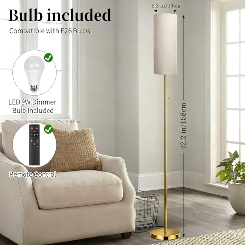 Floor Lamps for Living Room with RGB Color Changing Bulb Dimmable Color Brightness Standing Lamp with Remote Tall Lamps with Chain Switch for Bedroom Office 9W LED Bulb Included, Gold Body RGB Bulb - color: Gold Body+RGB Bulb