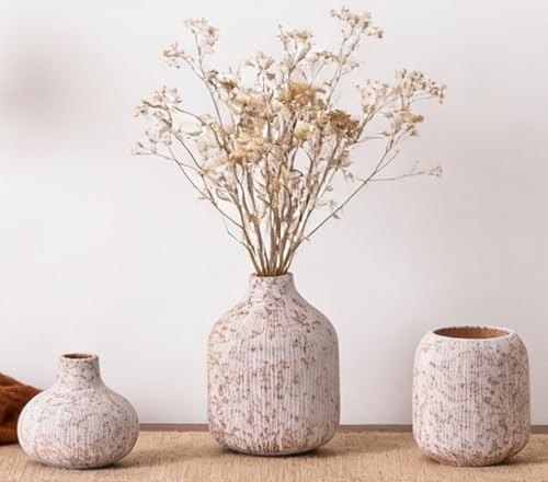 Modern Ceramic Vases Set 3, Stone Style Ribbed Vases Decorative for Table Shelf Decor Bookshelf Decoration - color: 15 Floral