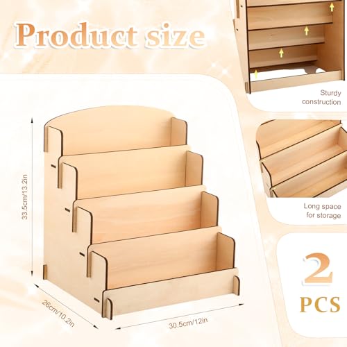 Wonderjune 2 Pcs 4 Tiered Greeting Card Display Stand Portable Sticker Display Stand for Vendors Wooden Collector Card Rack Wood Holder for Postcard Photos Bookmark Trade Shows Retail Counter