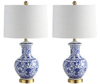 JONATHAN Y 25.25" Blue/White Ceramic Ginger Jar Table Lamp Set of 2, Traditional Brass Gold Base for Living Room Bedroom, White Linen Drum Shade, LED Bulbs Included JYL1072A-SET2