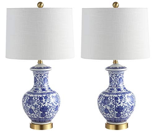 JONATHAN Y 25.25" Blue/White Ceramic Ginger Jar Table Lamp Set of 2, Traditional Brass Gold Base for Living Room Bedroom, White Linen Drum Shade, LED Bulbs Included JYL1072A-SET2
