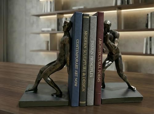 Comfy Hour 13" Bronze Modern Gymnastic Men Figurine Style Bookends, Heavy Duty Athlete Pushing Man Statue, Home Office Industrial Decor Pair - color: Gymnastic Men