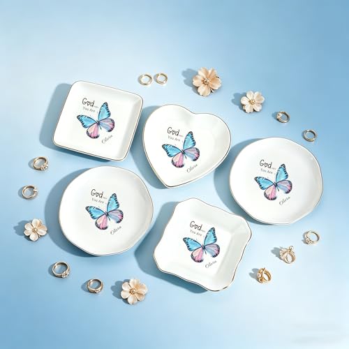Personalized Ceramic Jewelry Dish, Custom Birth Flower & Name Trinket Tray for Mother's Day, Bridesmaid, Birthday Gift - 4 Shape1s Available (Butterfly Jewelry Tray - Waved Square) - color: Butterfly Jewelry Tray - Waved Square
