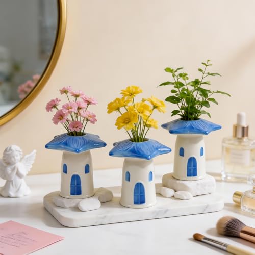 MOUGIGI Cute Blue House Ceramic Bud Vase Set of 3 - Handmade Miniature Vase with Star Roof for Dried Flowers, Chic Japandi Style Decor for Entryway, Dining,Coffee Table - Ideal Small Gift for Home - color: 3 Pcs Birdhouse Bud Vase