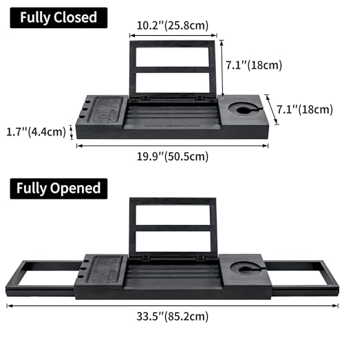 Utoplike Bamboo Bathtub Tray Black, Adjustable Bath Caddy Table for Tub, Bathroom Organizer with Book Tablet Wine Glass Cup Towel Holder - color: 19.8-33.5 in Black