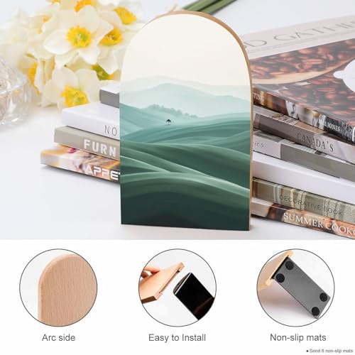 Abstract Landscape Wooden Bookends Shelves 2 PCS Rolling Hills Clear Sky Minimalist Design Sturdy Book Holders Desktop Organizer for Home Office Libraries - color: Color-4