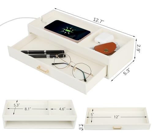 HofferRuffer Valet Jewelry Tray Organizer with Drawer, Faux Leather Storage Catchall Box Phone Charging Station Tray with Dresser Nightstand Desktop Drawer Organizer (White) - color: White