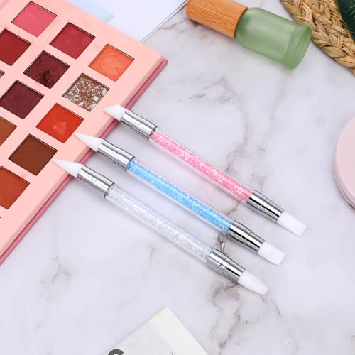 3 Pcs Nail Art Sculpture Pen, Dual Tipped Silicone Nail Tools, Silicone Head Acrylic Handle Nail Art Brushes, Rhinestone Nail Polish Carving Pen, Nail Art Tools for Home Salon(White, Pink, Blue) - color: White, Pink, Blue