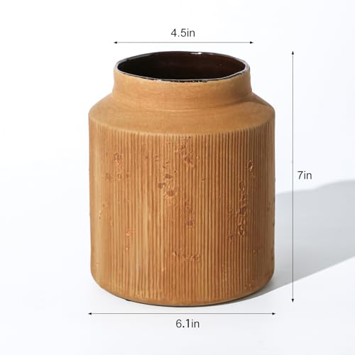 Farmhouse Vase for Home Decor, Vintage Rustic Terracotta Flower Vase Suitable for Home Decor, Living Room, Shelf, Dining Table. 7IN. Ochre - color: Retro-5, size: 6.1 x 7 inches