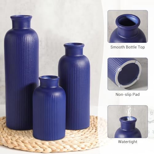 Small Navy Blue Ceramic Vase Set of 3, Boho Modern Navy Blue Flower Vase Room Decor, Farmhouse Decor, Vases for Your Kitchen, Bathroom, Bedroom, Living Room, Office&Shelf Centerpiece Table Decorations - color: Navy Blue