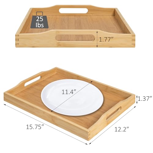 Bamboo Food Serving Tray with Handles, Breakfast Bed Tray for Tea,Snack,Dinner, Home Decorative Storage Food, Platter, Ottoman for Kitchen Counter, Bathroom, Restaurant (Beige) - color: Beige