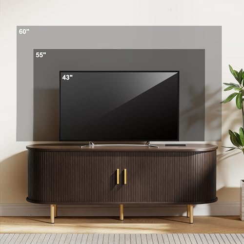 DHH 55 Inch Mid Century Modern TV Stand with Power Outlet for TVs up to 60 Inch, Entertainment Center with Storage and Adjustable Shelves, Media Console with Sliding Doors for Living Room(Dark Walnut) - color: Dark Walnut, size: 55 Inch