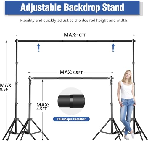Heavy-Duty Backdrop Stand 10x8.5 ft, Upgrade Telescopic Adjustable Photography Backdrop Stand for Parties, Stage Decoration Stand with Clamps, Sandbags, Carring Bag