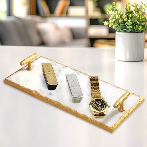 Guest Towel Holder Tray for Bathroom - Premium Marble Tray with Gold Rim - Bathroom Hand Towel Tray, The Perfect Vanity Tray for Bathroom. Ideal Valentines Day Gift. - color: Gold Rim