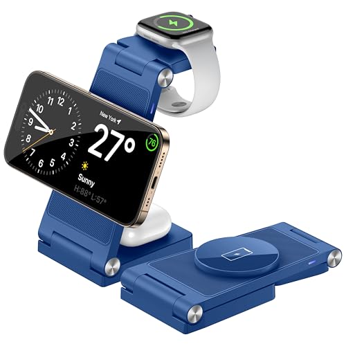 Magnetic Wireless Charger Stand, 3 in 1 Foldable Wireless Charging Station with 20W Adapter, Travel Charger for Multiple Devices for iPhone 17 16 15 14 13 12 Pro/Max/Plus/Mini, iWatch, AirPods - color: Blue
