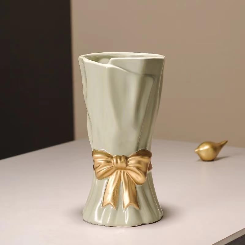 Green Bow Vase for Home Decor, 9.3 Inch Avocado Color for Boho Style, Sage Large Green Flower Vase for Ideal Shelf Decor/Table/Living Room. ﻿ - color: Green