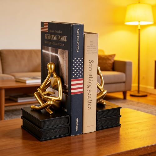 Reading Figurine Book Ends Book Lovers Gifts for Bookshelf Decorations for Readers, Graduates, Students, Teachers, Sculpture Home Decor for Shelves Desk Office Living Room (Black/Gold) - color: Black/Gold