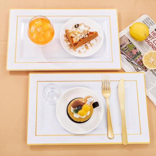 I00000 6 Pack Plastic Serving Trays, Gold Rim Disposable Serving Trays, Gold Disposable Serving Platter for Food Party Serving Platters and Plastic Trays 13.97x8.46 inches - color: White Gold