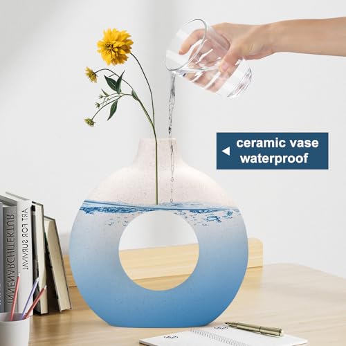 White Ceramic Donut Vase Set of 2, Big Hollow Round Matte Pampas Flower Vases for Boho Home Wedding Party Room Dinner Table Shelf Decor. - color: White, size: Donut Large Set of 2
