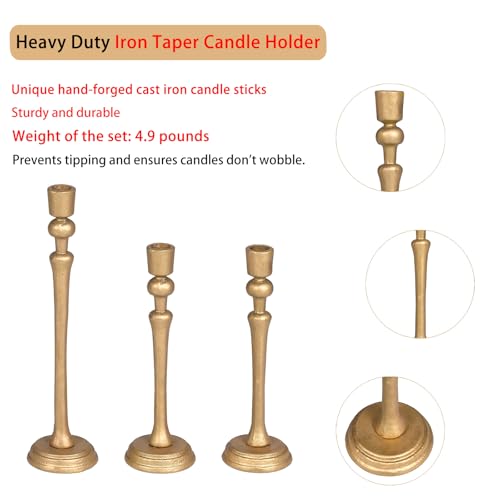 Gold Candlestick Holders Set of 3, Heavy Cast Iron Candle Holder for Table Centerpiece, Antique Brass Finish - color: Antiqued Gold 5