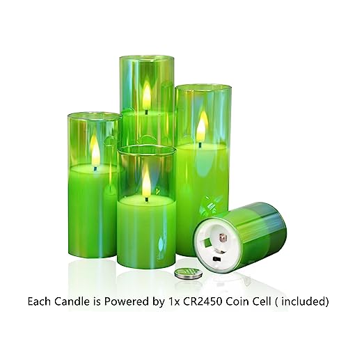 Eywamage Green Glass Flameless Candles with Remote Batteries, LED Pillar Candles Flickering Spring Home Decor Set of 5 - color: Green