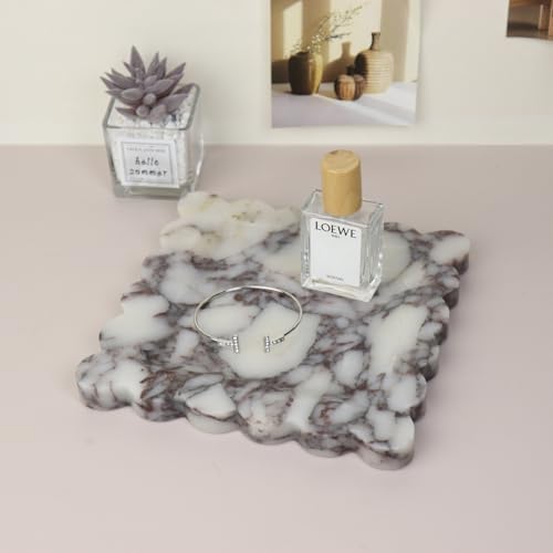 Square Marble Decorative Tray with Scalloped Edge, Luxury Natural Stone Bathroom Vanity Tray, Dresser Top Perfume Coffee Home Kitchen Sink Tray, Key Trinket Ring - color: Bvlgari Purple