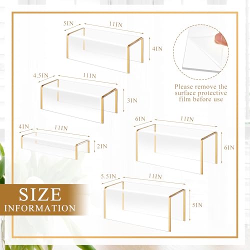 RattanView 5 Pack Clear Acrylic Purses Display Stands, 11" L 5mm Thick Luxury Purse, Handbag, Jewelry & Perfume Risers, Gold Luxury Shoe Display Riser for Closet, Boutique, Vendor Events (5 Tier) - size: 5 Tier