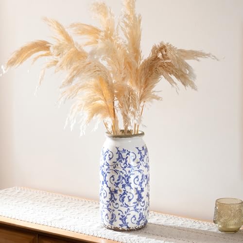 VICTOR & TERESA Rustic Large Blue and White Vase for Home Decor, 10'' Tall Ceramic Vases for Flowers, Farmhouse Decorative Vases for Pampas Grass,Table, Mantel, Living Room, Centerpieces - color: Blue and White, size: Large-10''