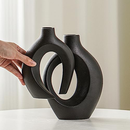 Lvases Snuggle Hollow Modern Ceramic Vase Set of 2, Mid Century Nordic Aesthetic Decorative Vase Decorative Vases for Home Table Decor (Matte Black W 6.3" X H 8.4") - color: Large Matte Black