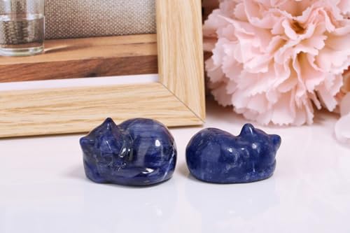 LAIDANLA Sodalite Cat Healing Crystals Figurine Sleeping Cat Hand Carved Cute Statue Polished Stone Sculpture Reiki Office Room Bedroom Desk Home Decoration Gifts 1.6" - color: O-sodalite