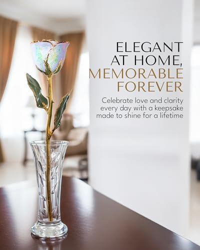 Forever Rose Hand-Dipped in 24K Gold, Opal-Inspired October Birthstone with Sparkles, Real Rose in Luxury Gold Gift Box & Clear Glass Bud Vase – Perfect Ready for October Birthday or Any Occasion - color: October Opal