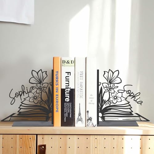 Personalized Flower Book Ends for Shelves 2 Pcs, Custom Name Metal Book Holders, Unique Bookends for Heavy Books, Non-Slip Book Stopper, Home Office Desk Bookshelf Decor, Customized Gifts - color: Color08 Flower&book