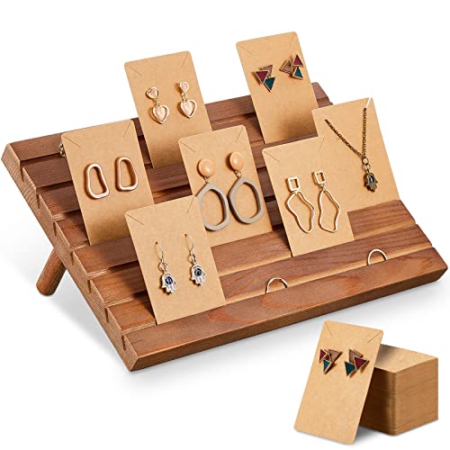 Blulu 31 Pack Wooden Earring Display Stand 7 Slots jewelry Display Holder with Earring Card for Selling Vendors Retail Show - color: Light Brown