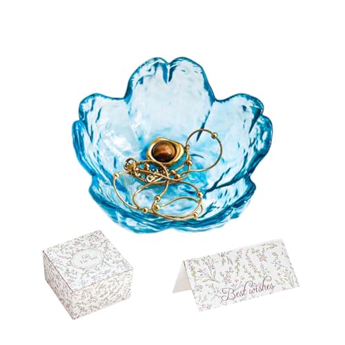 Friendship Gifts for Women Blue Flower Jewelry Ring Dish Tray,Decorative Glass Trinket Dish,Room Decor Aesthetic, Modern Accent Tray for Vanity (Blue) - color: Blue